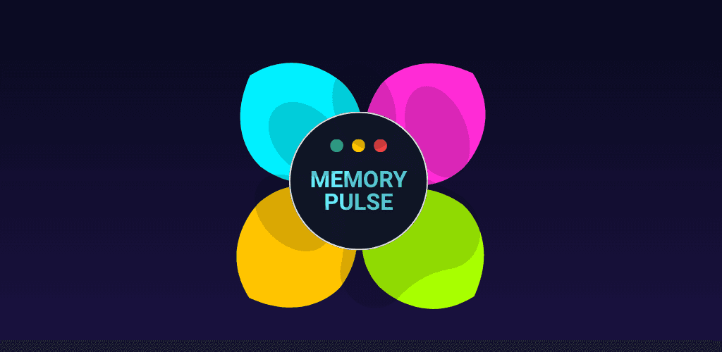 Memory Pulse — neon logo with cyan, magenta, yellow, and green pads on a dark blue background