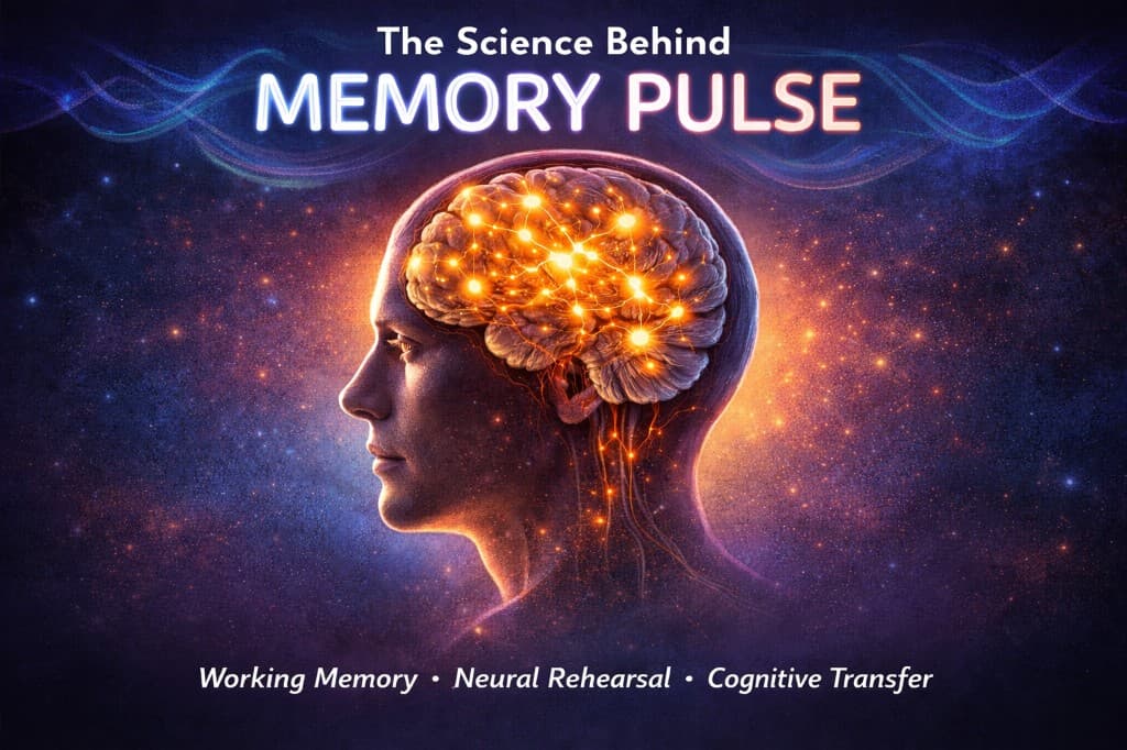 The Science Behind Memory Pulse — illuminated brain with neural connections on a cosmic background